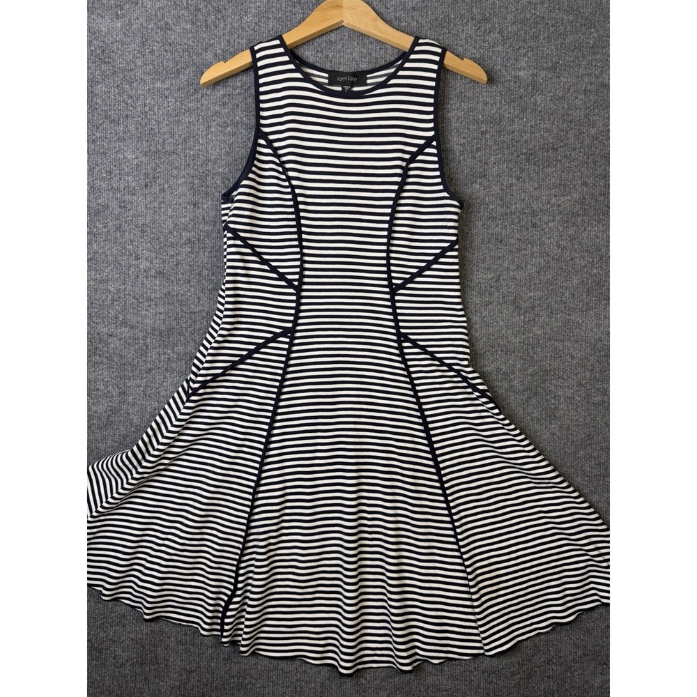Karen‎ Kane Stripe Fit Flare Dress Women's Medium Navy White Sleeveless USA